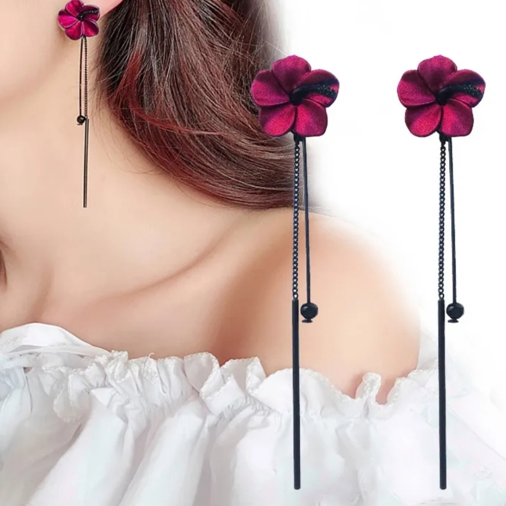 Red Wine Metallic Flowers Earrings 🦋